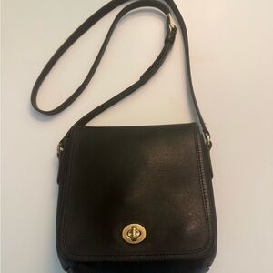 Vintage Coach Black Leather Companion Bag with Brass Accents